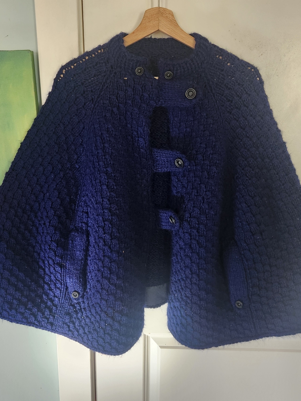 Handknit Navy Blue Women's Cape With Pockets